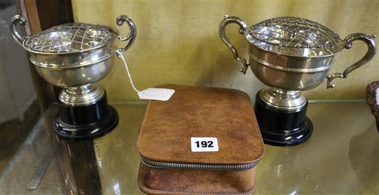 Pair of silver replica trophy cup rose bowls, Sheffield 1960 & a Walker & Hall gents silver-mounted brush/comb set, cased